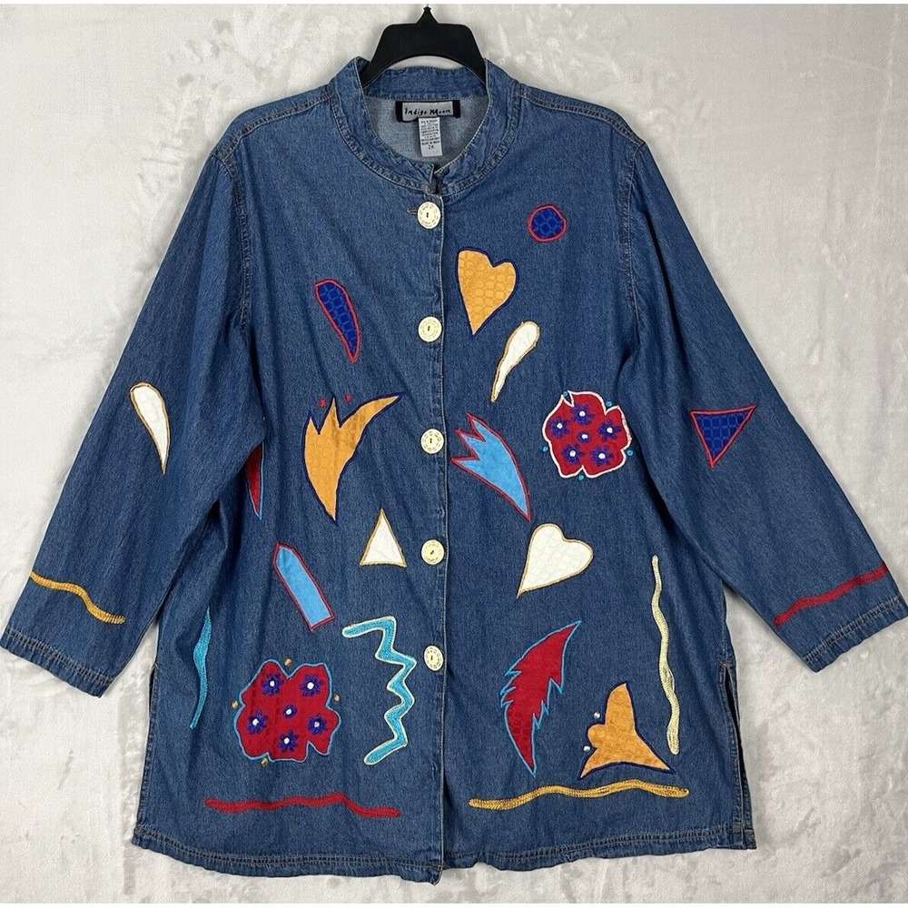INDIGO MOON Jacket Women 2XL Denim Loose Mid-Length Embroidered Embellishing